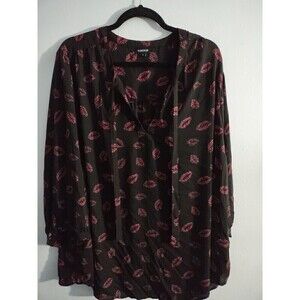 Torrid Leopard Lips Print Georgette Bow Tie Blouse Sz 4 4X Black Pink